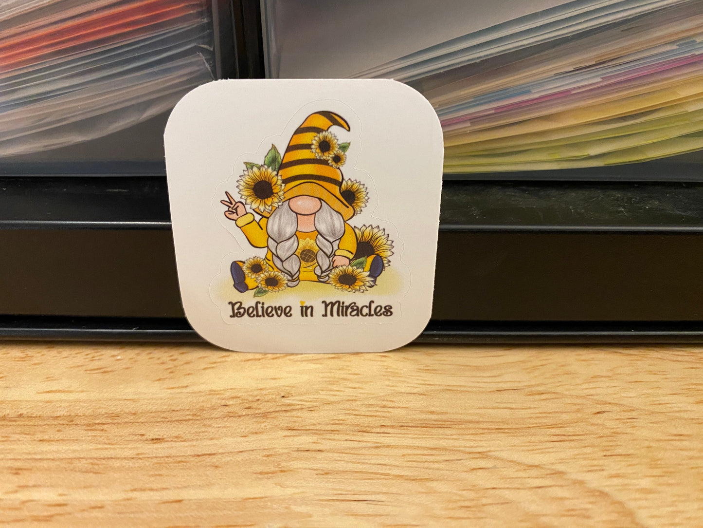 Believe in Miracle Gnome with Sunflower Bouquet Sticker, Sunflower with Gnome Sticker, Cute Gnome with Sunflower