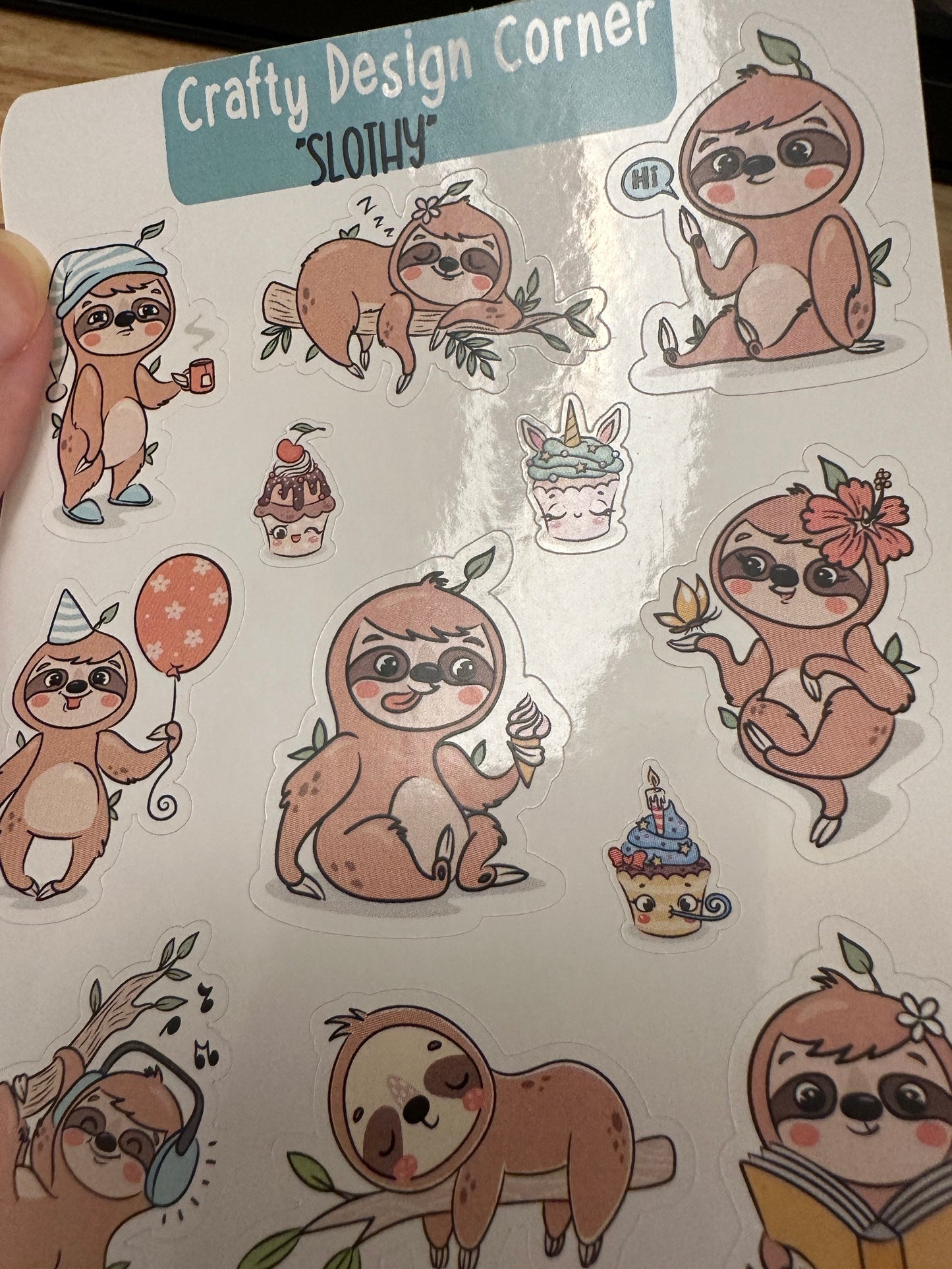 1.5" Sloth Sticker sheet, Cute Sloth Stickers, Cupcakes with Sloth Sticker Sheet, Sloth eating, sloth sleeping, Musical Sloth