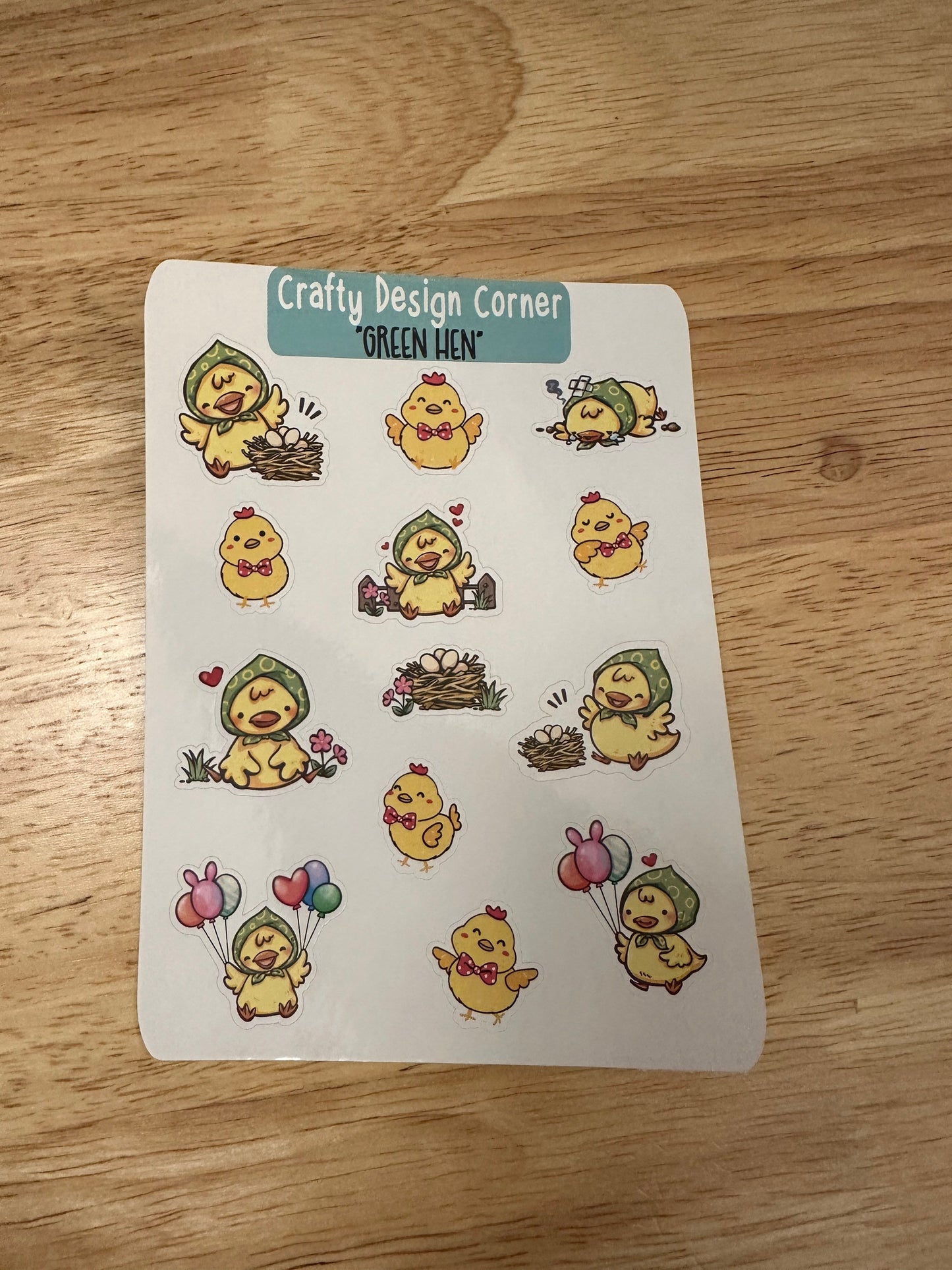 1.1" Green Hen with Yellow Chicks Sticker sheet, Cute Yellow Chicks Sheet, Mother Hen with eggs