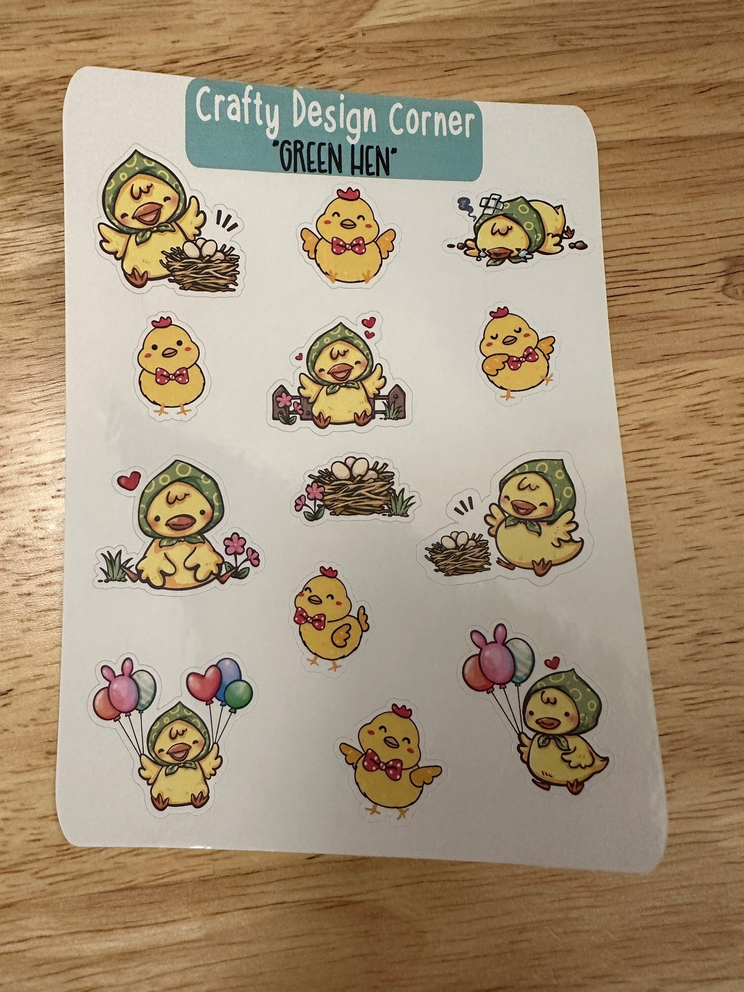 1.1" Green Hen with Yellow Chicks Sticker sheet, Cute Yellow Chicks Sheet, Mother Hen with eggs