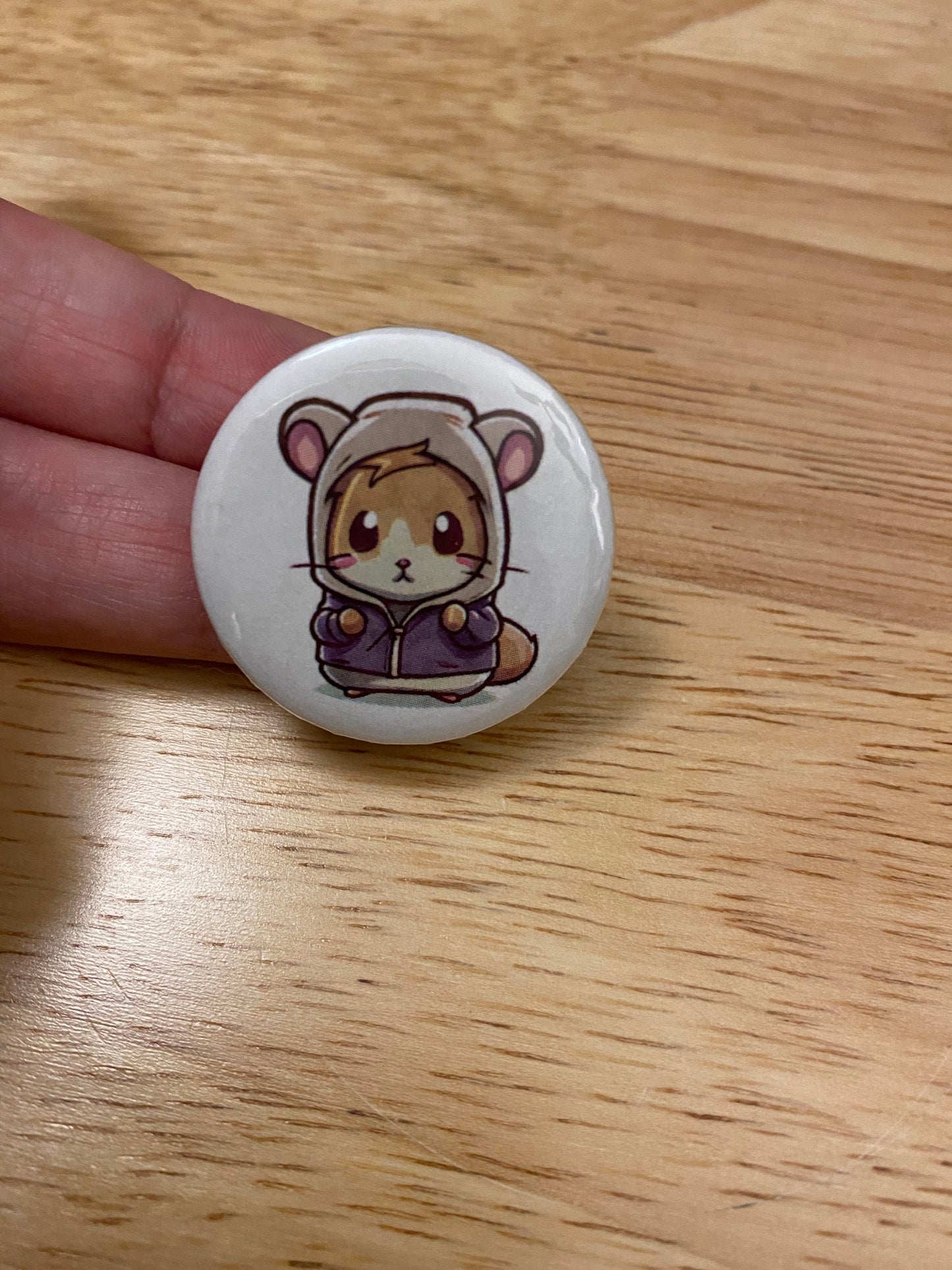 Hoodie Hamster Button, Back Pack Decoration, Announcement design, 2.25" Button Pins & 1.25" Button options