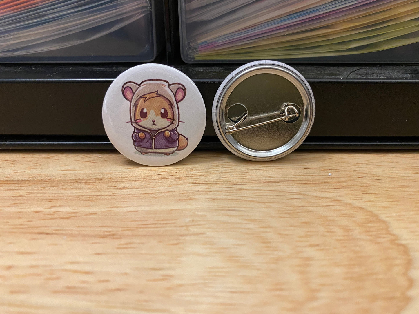 Hoodie Hamster Button, Back Pack Decoration, Announcement design, 2.25" Button Pins & 1.25" Button options