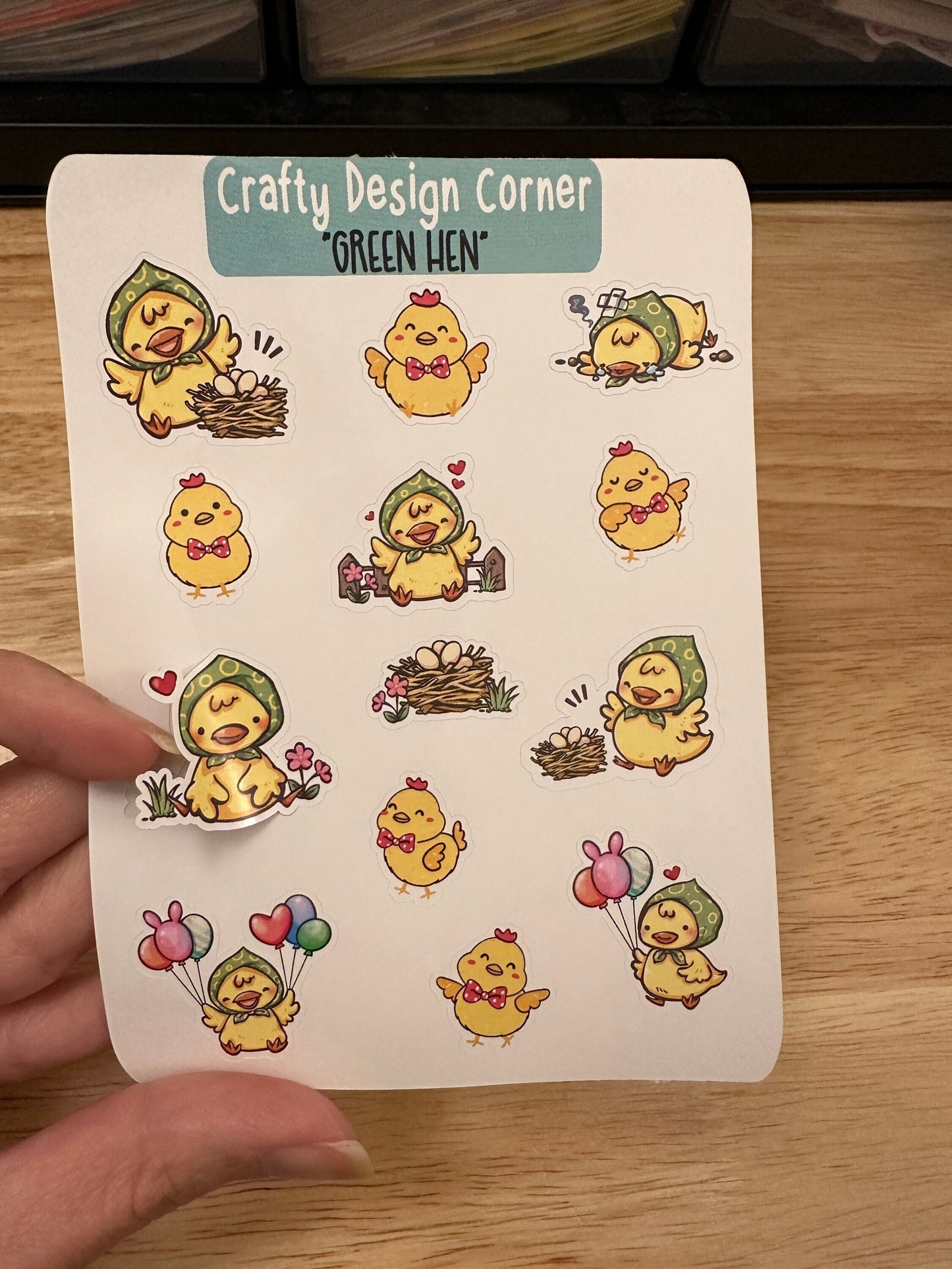 1.1" Green Hen with Yellow Chicks Sticker sheet, Cute Yellow Chicks Sheet, Mother Hen with eggs