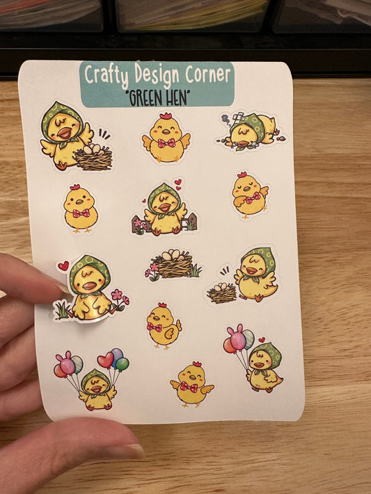 1.1" Green Hen with Yellow Chicks Sticker sheet, Cute Yellow Chicks Sheet, Mother Hen with eggs