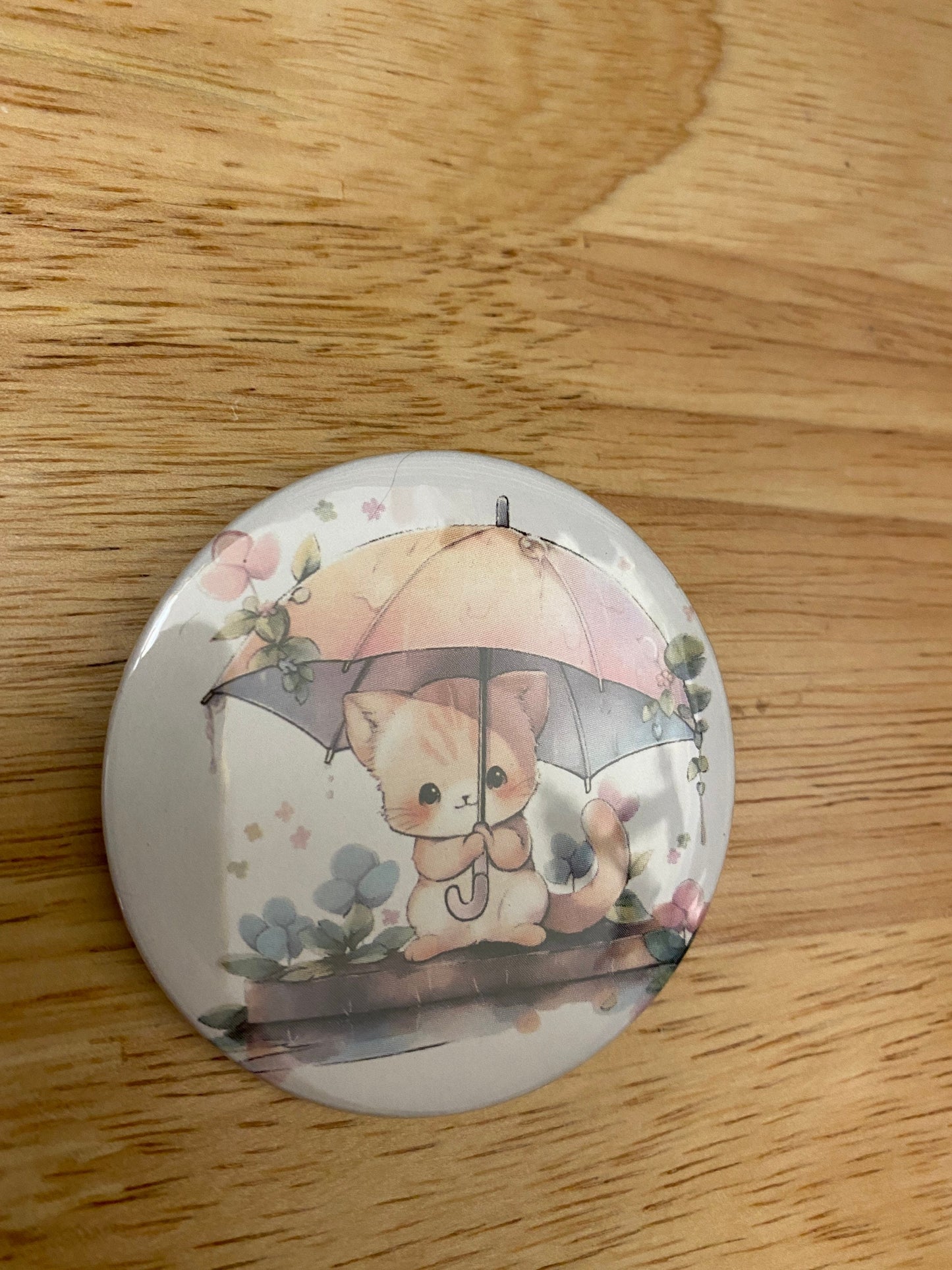 Cream Umbrella Cat 2.25" Button Pins or 1.25" Button options, Back Pack Decoration, Cat Pin, Cat designed pinback, Raining Cat with umbrella
