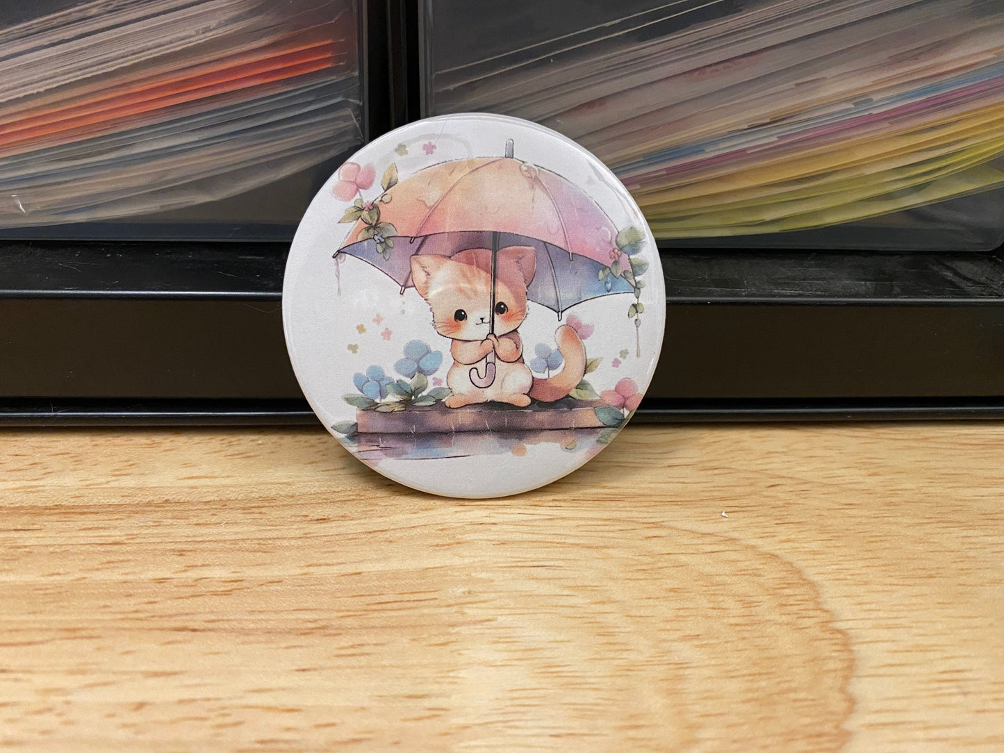 Cream Umbrella Cat 2.25" Button Pins or 1.25" Button options, Back Pack Decoration, Cat Pin, Cat designed pinback, Raining Cat with umbrella