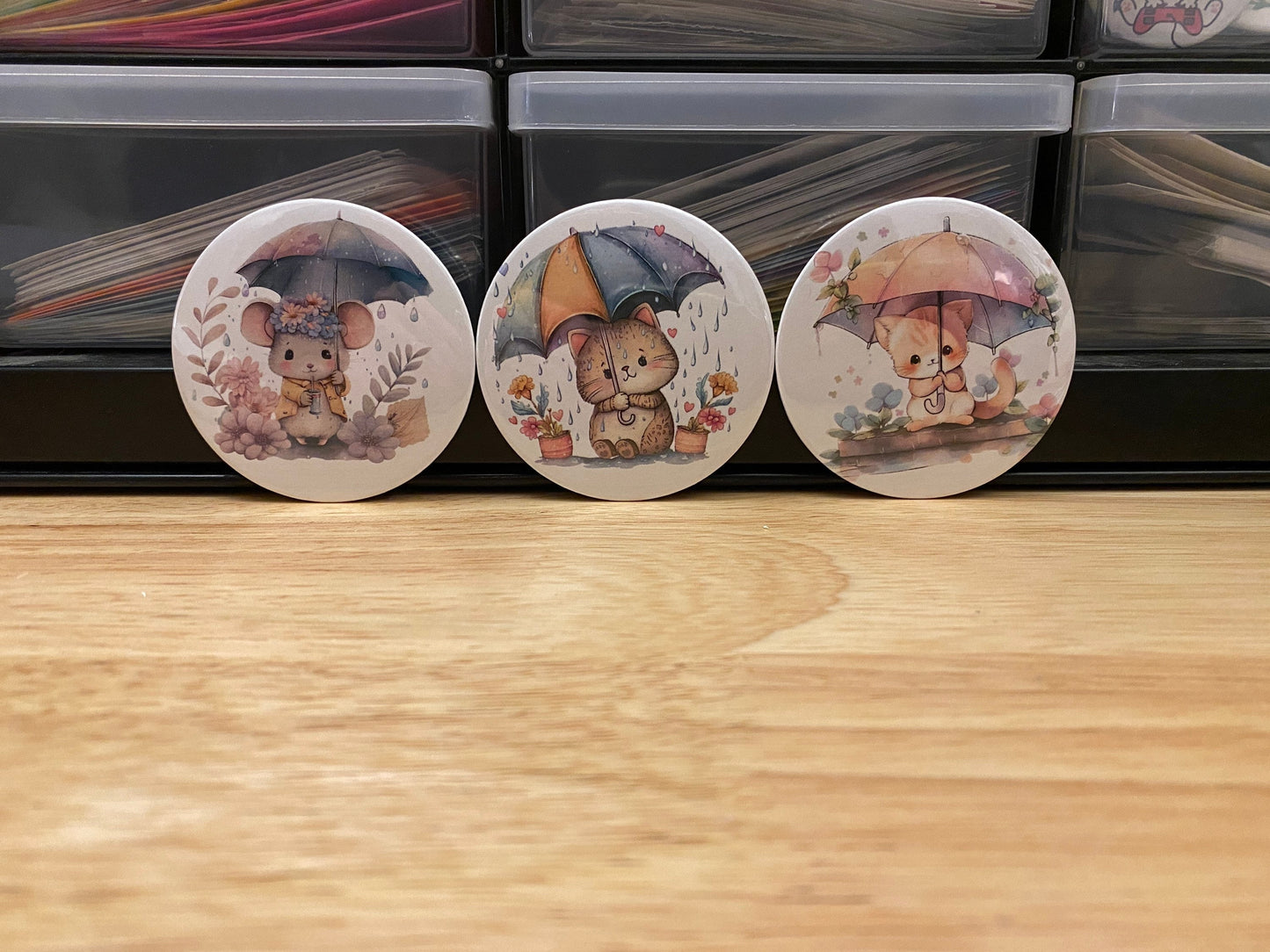 Set of 3 Umbrella Pets Button Pins 2.25" Button Pins or 1.25" Button options, Back Pack Decoration, Mouse and 2 cats PinBacks buttons