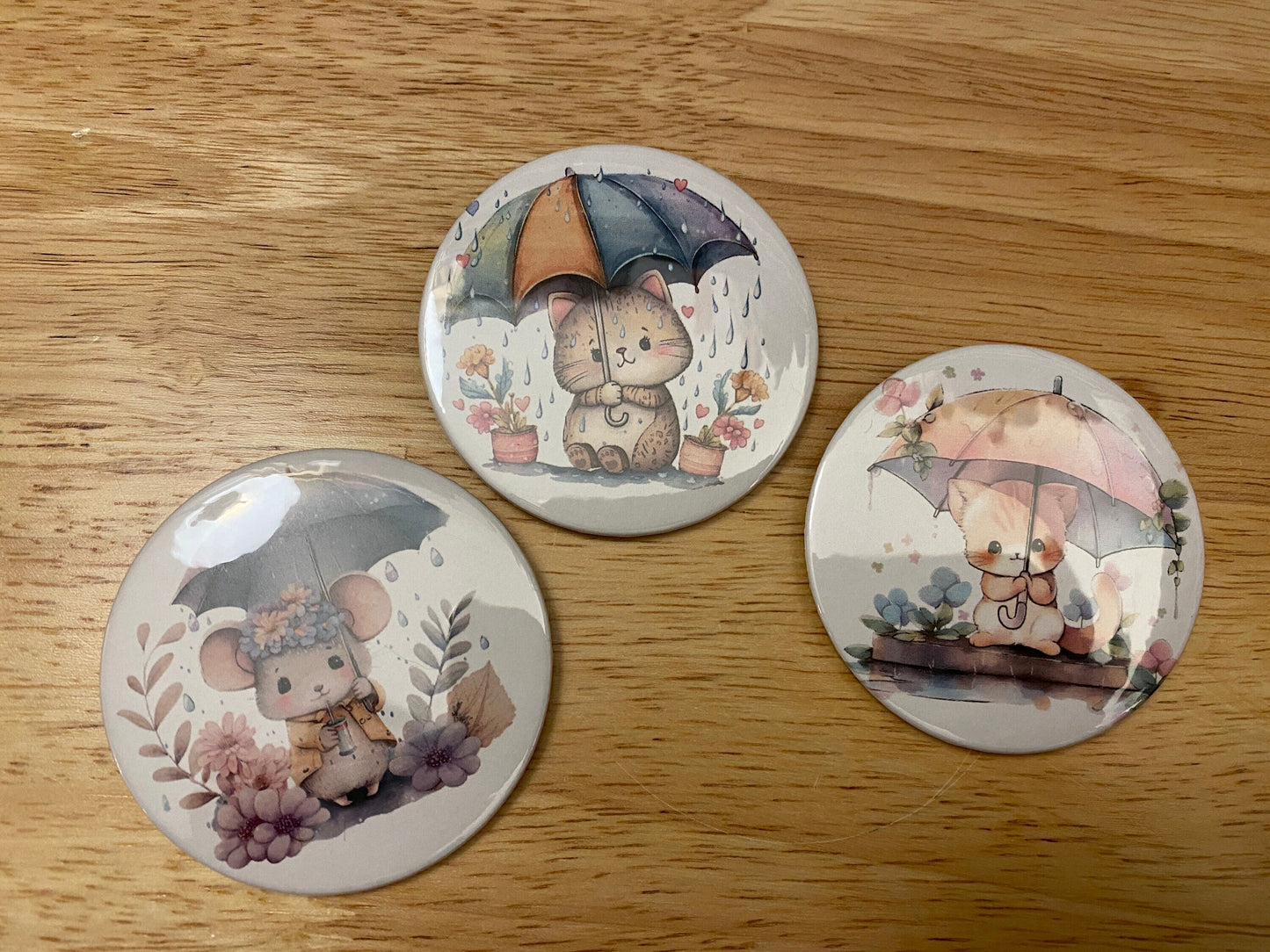 Set of 3 Umbrella Pets Button Pins 2.25" Button Pins or 1.25" Button options, Back Pack Decoration, Mouse and 2 cats PinBacks buttons