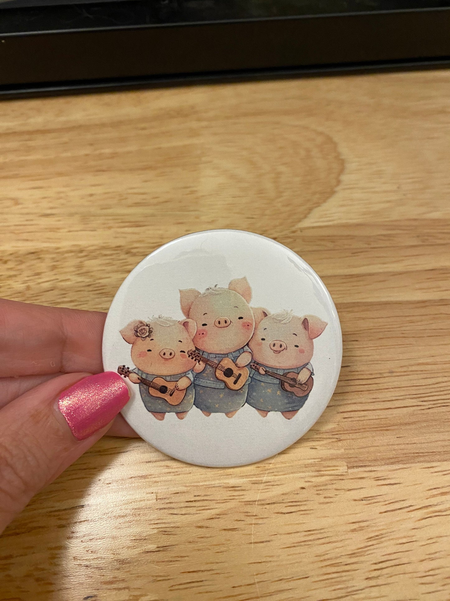 Three pigs Pin Button, Back Pack Decoration, cute pigs design, 2.25" Button Pins & 1.25" Button options, musical pigs