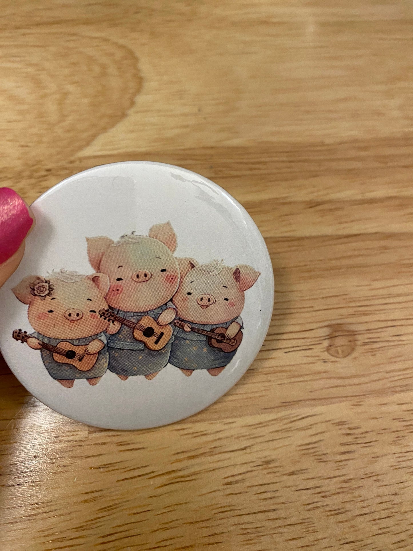 Three pigs Pin Button, Back Pack Decoration, cute pigs design, 2.25" Button Pins & 1.25" Button options, musical pigs
