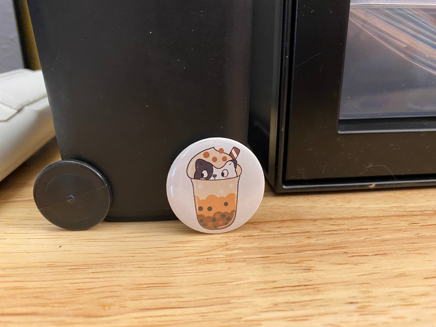 1.25" Button Pin Boba tea with kitten
