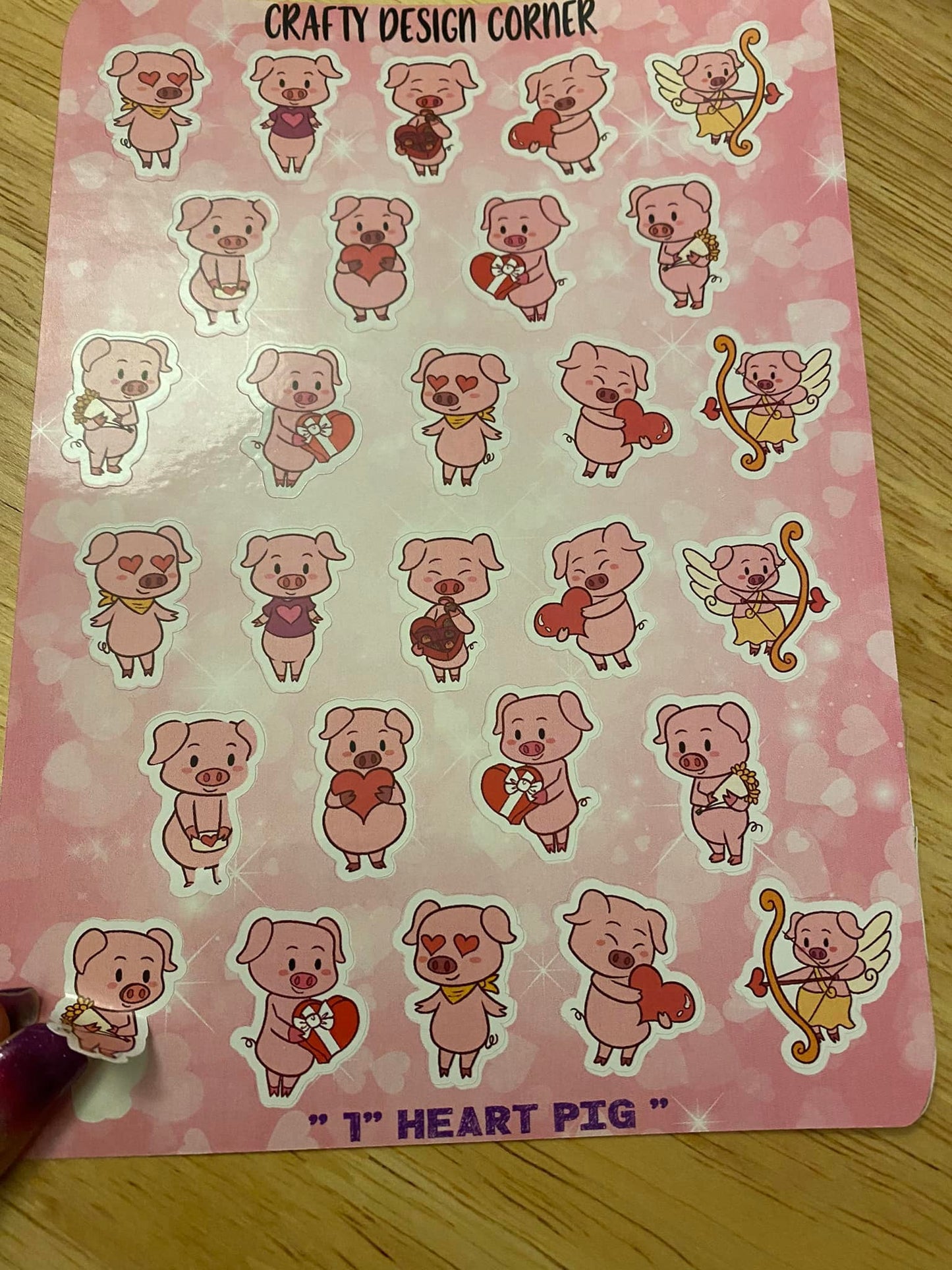 Large Sheet of 1" high Valentine Heart Pigs Stickers