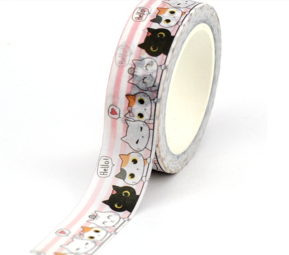 Big Roll of Kawaii Cats with Pink Stripes Washi Tape