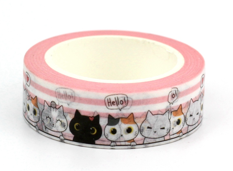 Big Roll of Kawaii Cats with Pink Stripes Washi Tape