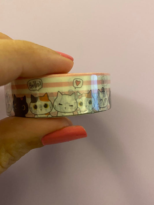 Big Roll of Kawaii Cats with Pink Stripes Washi Tape
