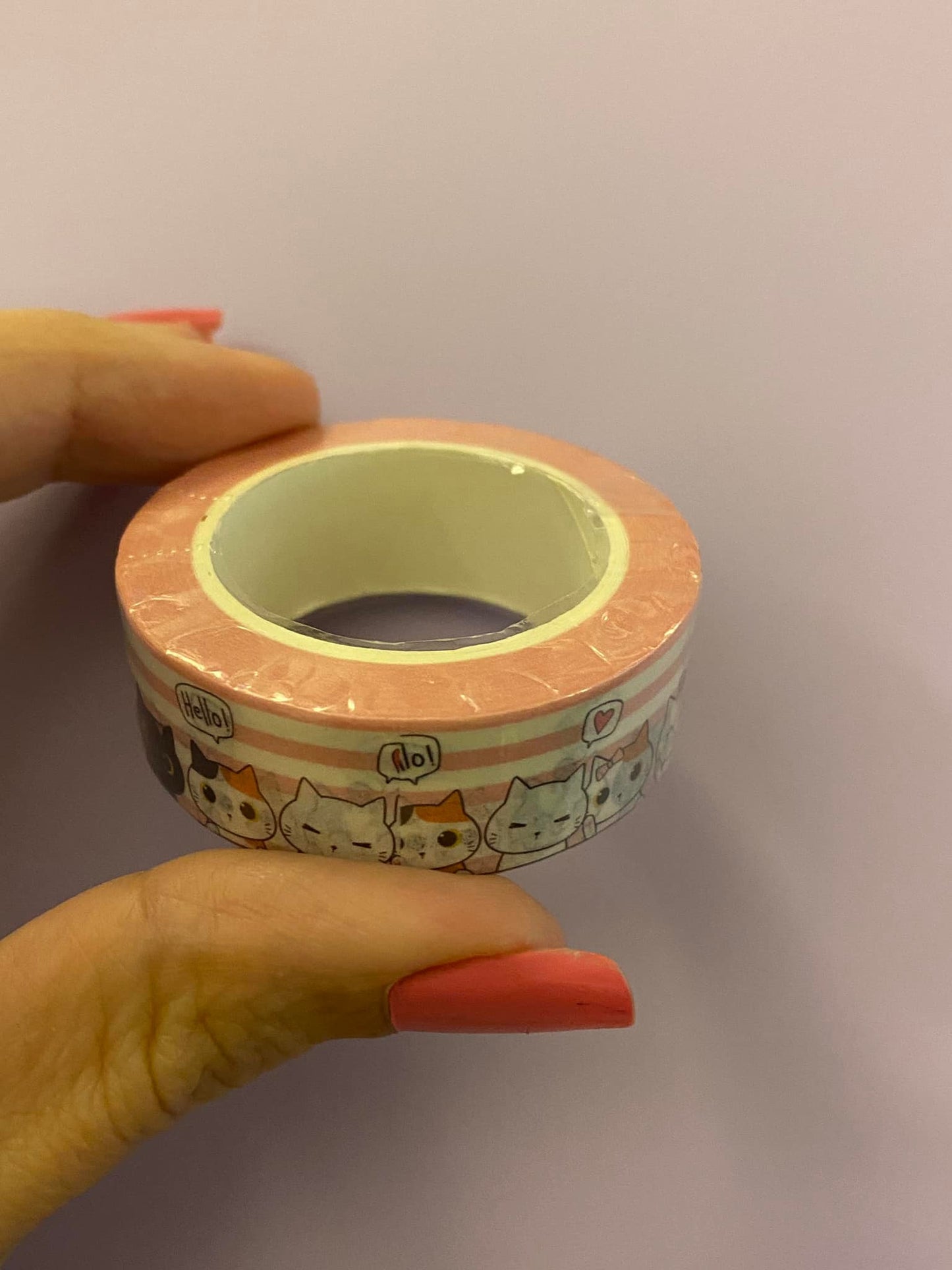 Big Roll of Kawaii Cats with Pink Stripes Washi Tape
