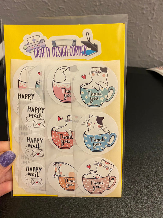 24 pcs Cat Tea Cup Thank You with 6 Happy Mail freebie Sticker Pack