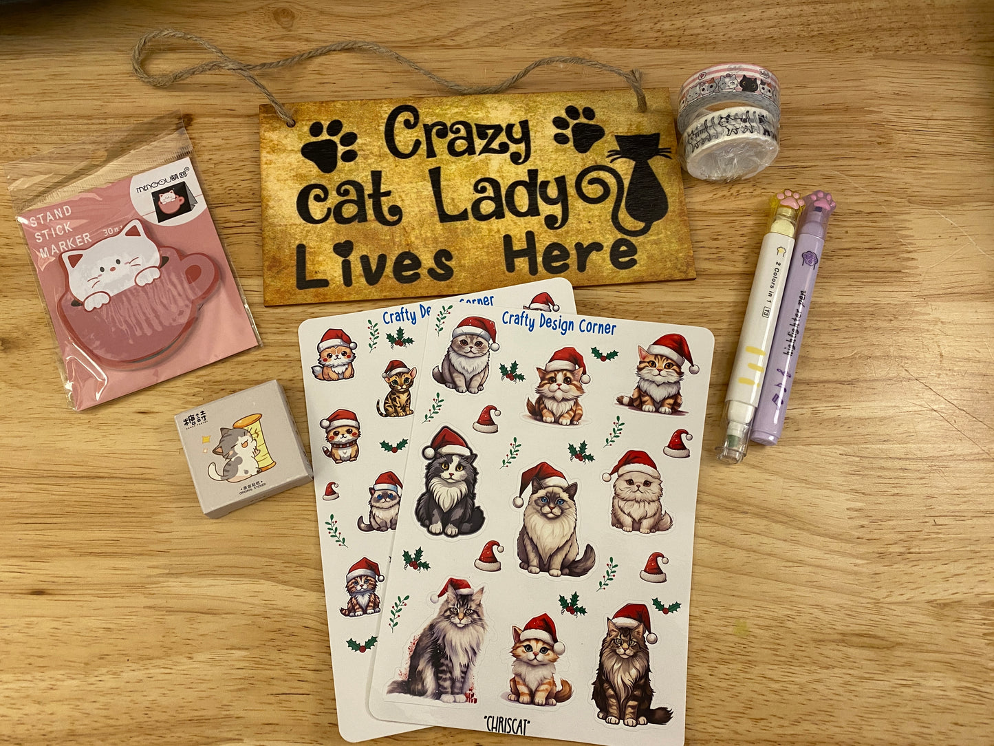 10 Piece Cat Gift Bundle, Stationary Cat Bundle, Crazy Cat Lady sign bundle, Sticker, Bookmark, Crazy Cat Sign, Washi Tape Cat, Cat Gifts