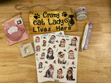 10 Piece Cat Gift Bundle, Stationary Cat Bundle, Crazy Cat Lady sign bundle, Sticker, Bookmark, Crazy Cat Sign, Washi Tape Cat, Cat Gifts