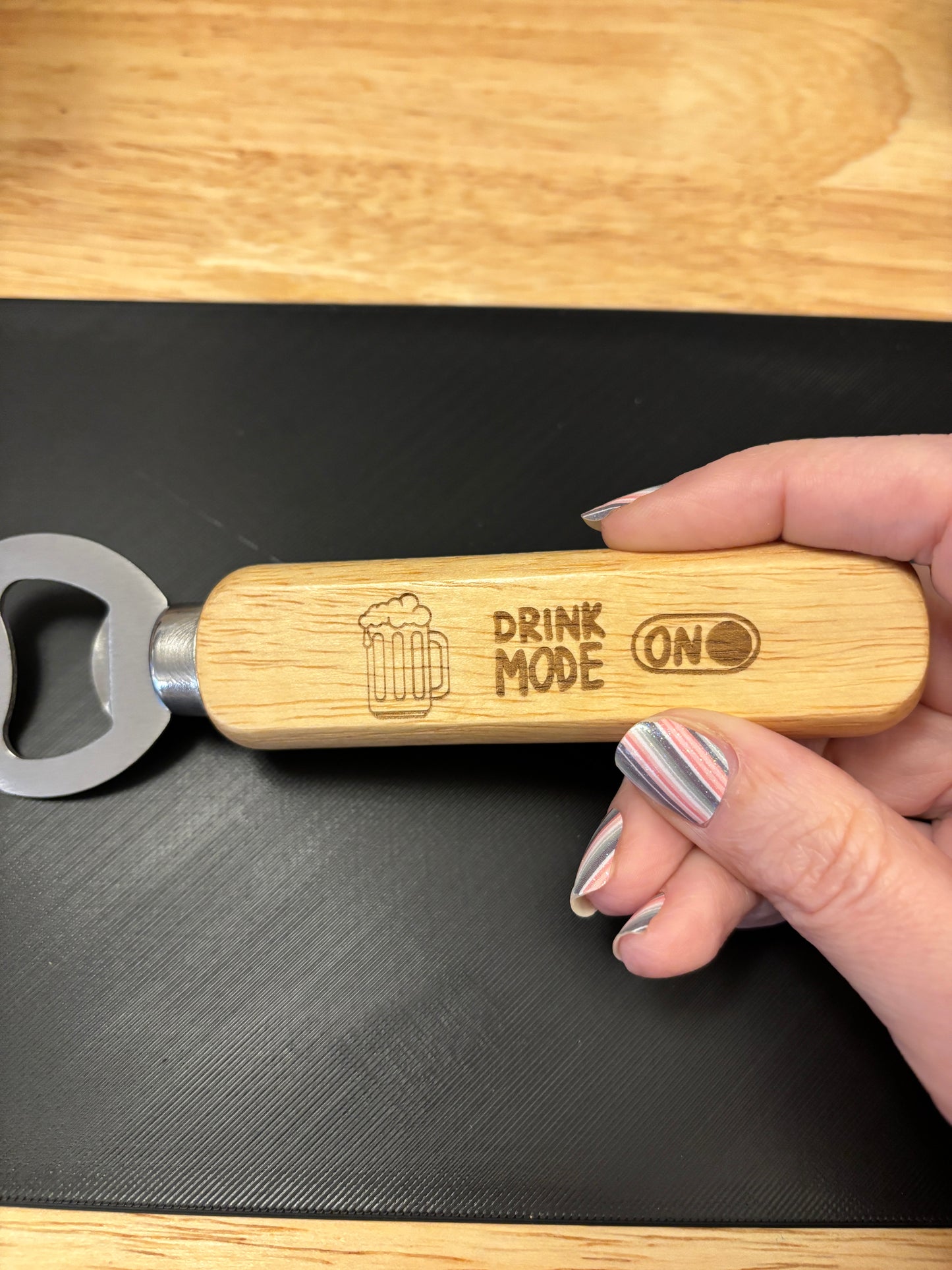 Drink Mode On bottle opener, Custom bottle opener, Engraved wooden bottle opener,