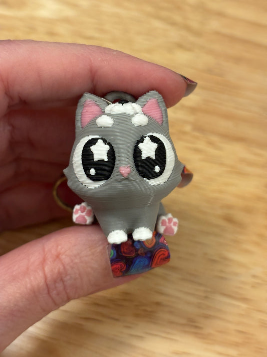 Grey Cat key chain, 3D printed cat key chain, Tux kitty keychain