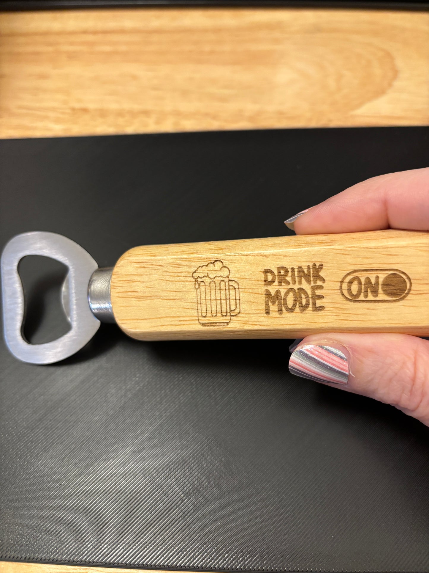 Drink Mode On bottle opener, Custom bottle opener, Engraved wooden bottle opener,