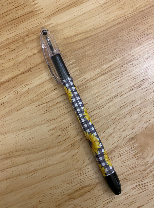 Sunflower Print pen, Cute Sunflowers on pen, Black and white criss cross design with Sunflowers on it pental rsvp pen