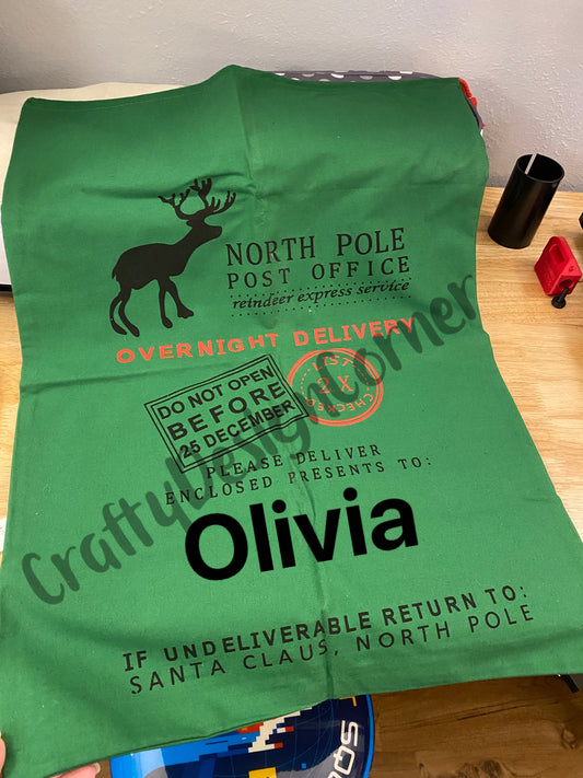 Custom Green Santa bag, Santa tote bag, Reindeer Bag, Deer Tote Sack, Christmas Deer Sack with name