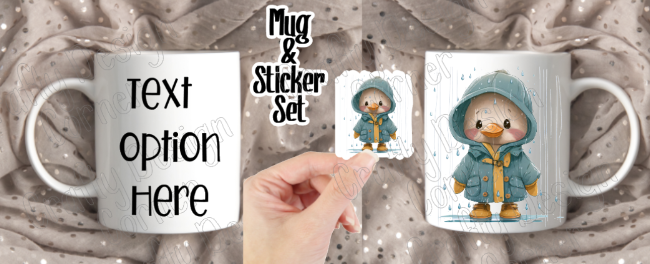 Set Raining Duck Bundle, Mug and Matching Sticker Combo