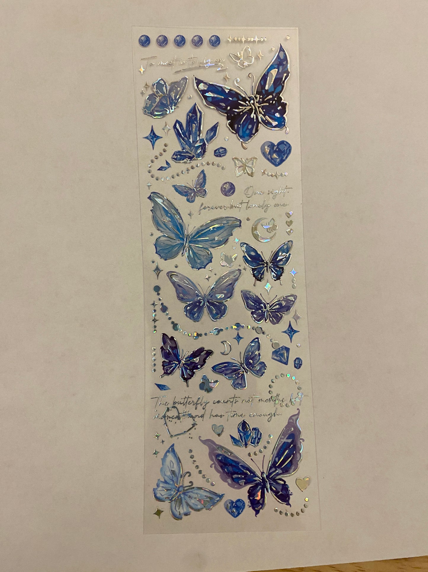 Blue PET Washi Tape Butterfly, Pretty Blue butterfly with Moons, Clear Tape, solid sheet of Clear Holographic blue butterfly Tape, Moon