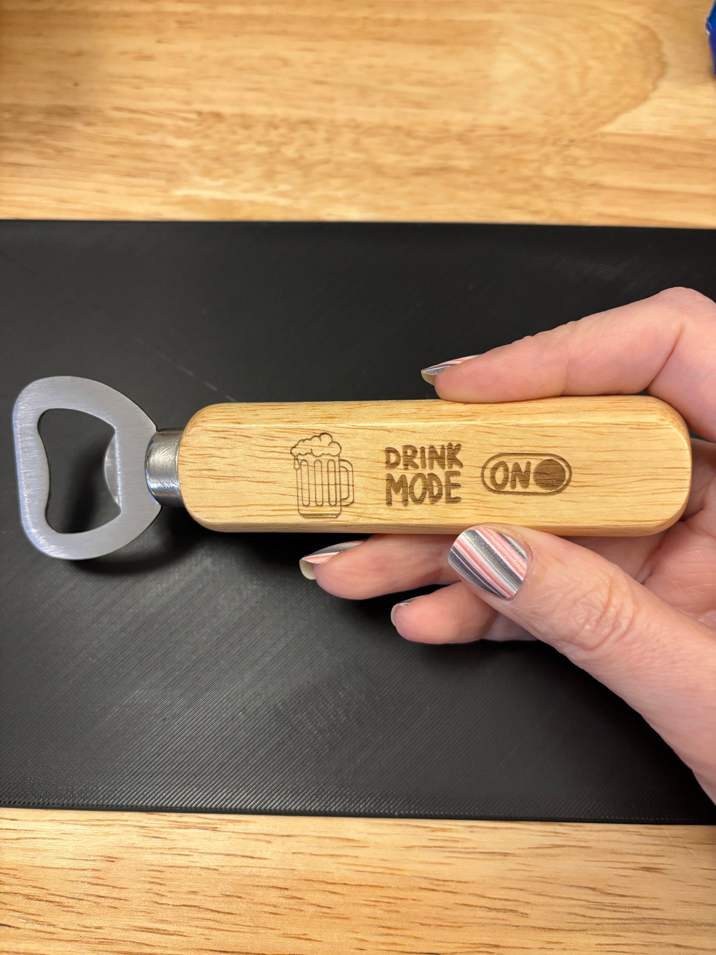 Drink Mode On bottle opener, Custom bottle opener, Engraved wooden bottle opener,