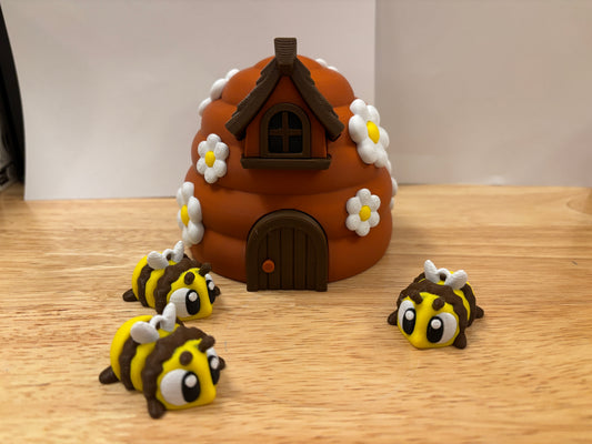 Brown Bee Hive with 3 bees, interchangeable into keychains, 3D printed bee hive, Honey Bees with Hive