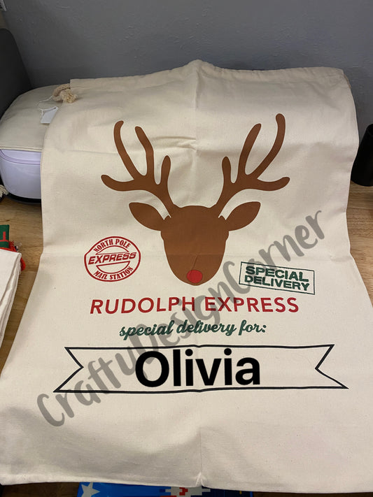 Custom Name Reindeer bag, Deer tote bag, Santa Reindeer Bag, Deer Tote Sack, Christmas Deer Sack with name