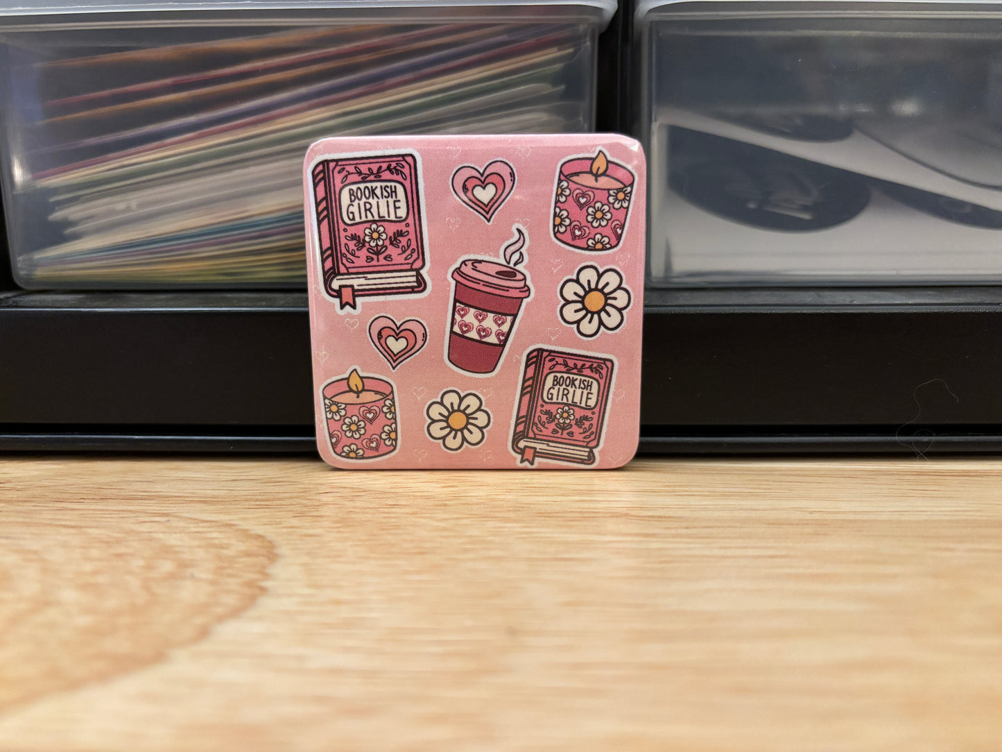 Pink Coffee Books Candle Fridge Magnet