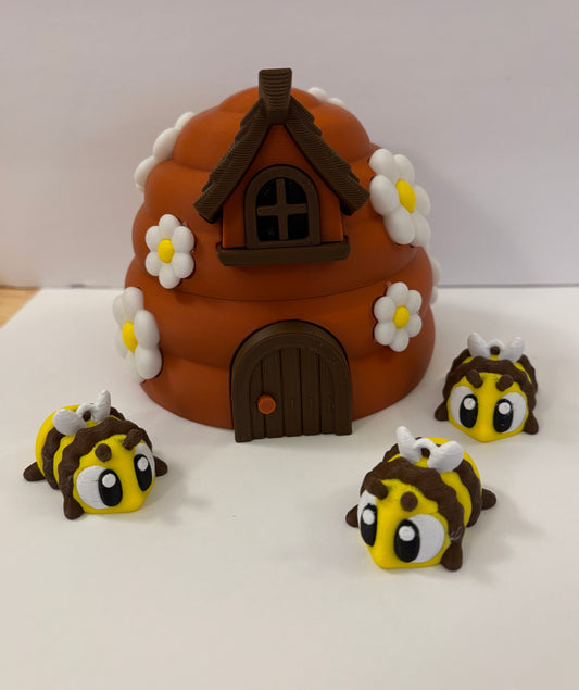 Brown Bee Hive with 3 bees, interchangeable into keychains, 3D printed bee hive, Honey Bees with Hive