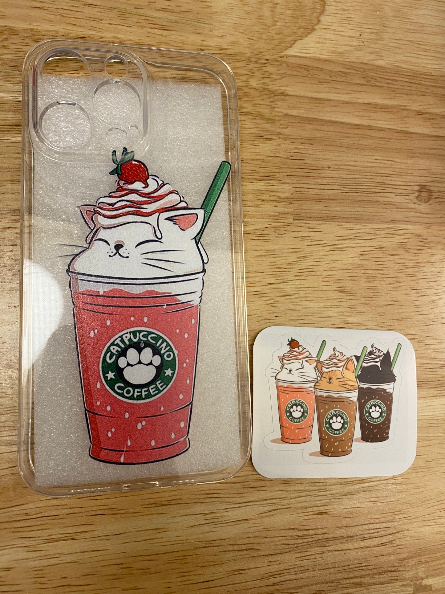Strawberry Catpuccino Coffee bundle set, Cat Gift Set, Cat Mug with iPhone 14 case and fridge magnet with matching sticker set, Cat Bundle
