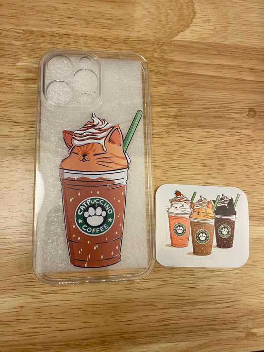 Mocha Cat Catpuccino Coffee Starbucks IPhone case with Matching Sticker, Brown Coffee Starbucks IPhone case