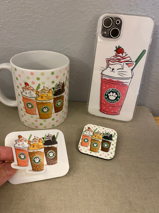 Strawberry Catpuccino Coffee bundle set, Cat Gift Set, Cat Mug with iPhone 14 case and fridge magnet with matching sticker set, Cat Bundle