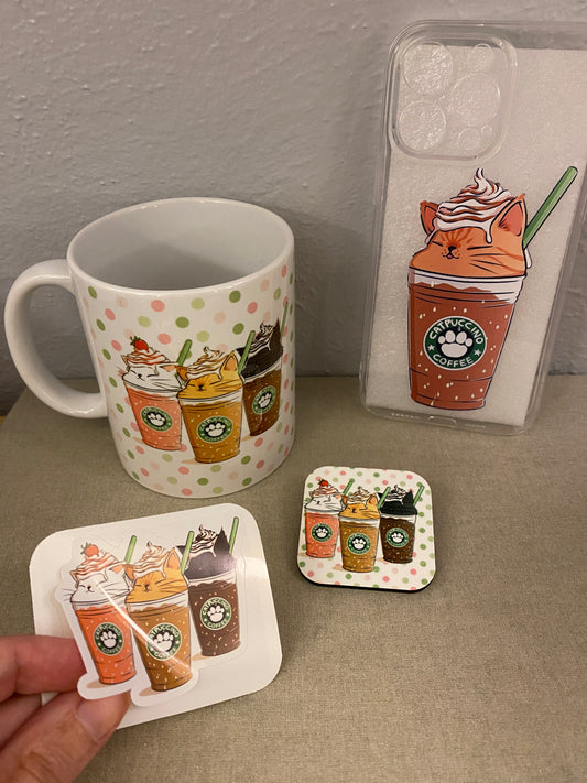 Mocha Catpuccino Coffee bundle set, Cat Gift Set, Cat Mug with iPhone 14 case and fridge magnet with matching sticker set,