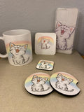 Rainbow Singing Cat mug Bundle set, Rainbow Tabby Cat Gift Set, Cat Mug with iPhone 14 case and fridge magnet with matching sticker set, Cat Bundle set