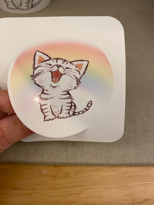 Circle Rainbow Grey Tabby Cat Singing Sticker, Tabby Cat Sticker, Cute Cat Sticker, Grey Cat Sticker, cat sticker, Funny Cat sticker