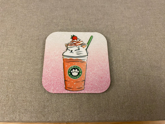 Pink Strawberry Coffee Cat Magnet for Fridge