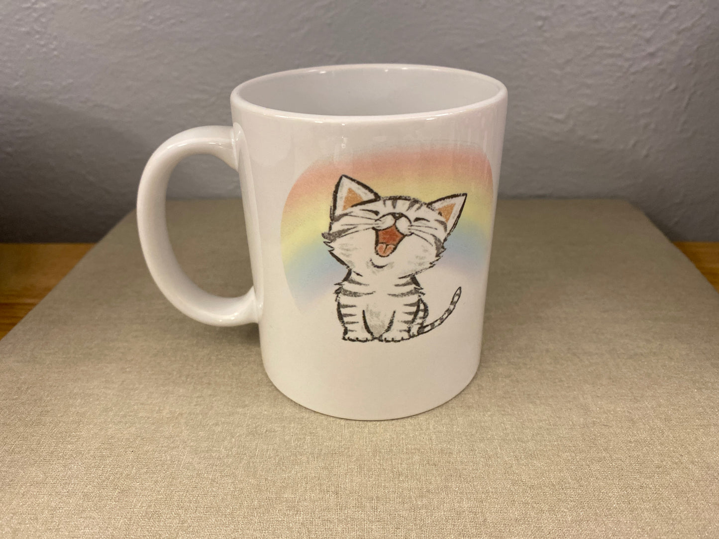 Circle Rainbow Singing Cat mug, custom coffee mug, Cat Mug, coffee lovers mug, Grey Tabby Mug, custom mug, Tabby Cat Mug