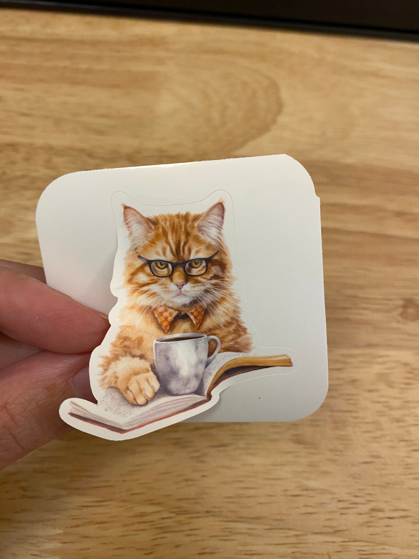 Cat reading and Coffee Sticker, Red Cat Sticker, Cute Cat with Paper Sticker, Yellow Cat Sticker, cat sticker, Funny Cat sticker