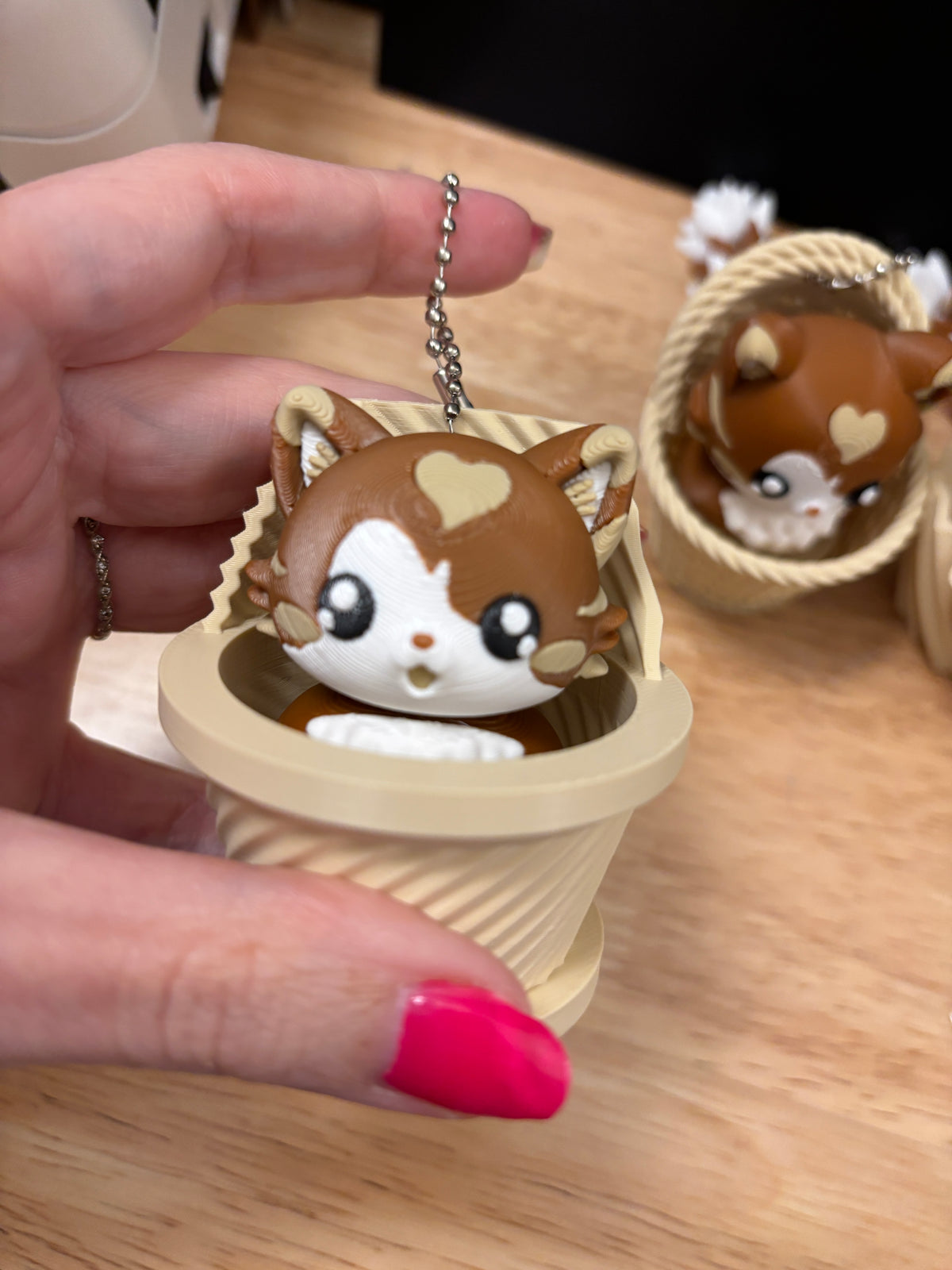 Fluffy Cat in Basket clicker key chain, Desktop Kitty clicker, Cat Key chain clicker