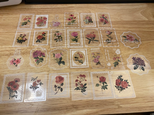 20 piece PET Clear Pink Roses Stamp Stickers