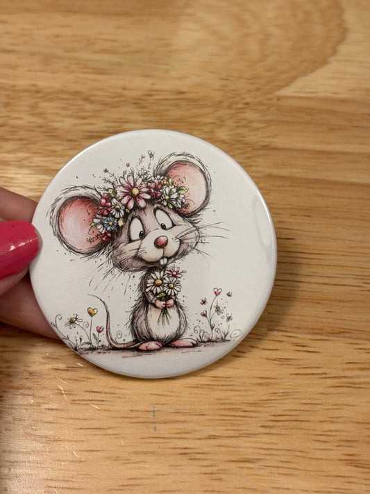 Mouse with Flowers 2.25" Button Pins or 1.25" Button options, Back Pack Decoration, Mouse Pin button, Flowers with Mouse Button Pin