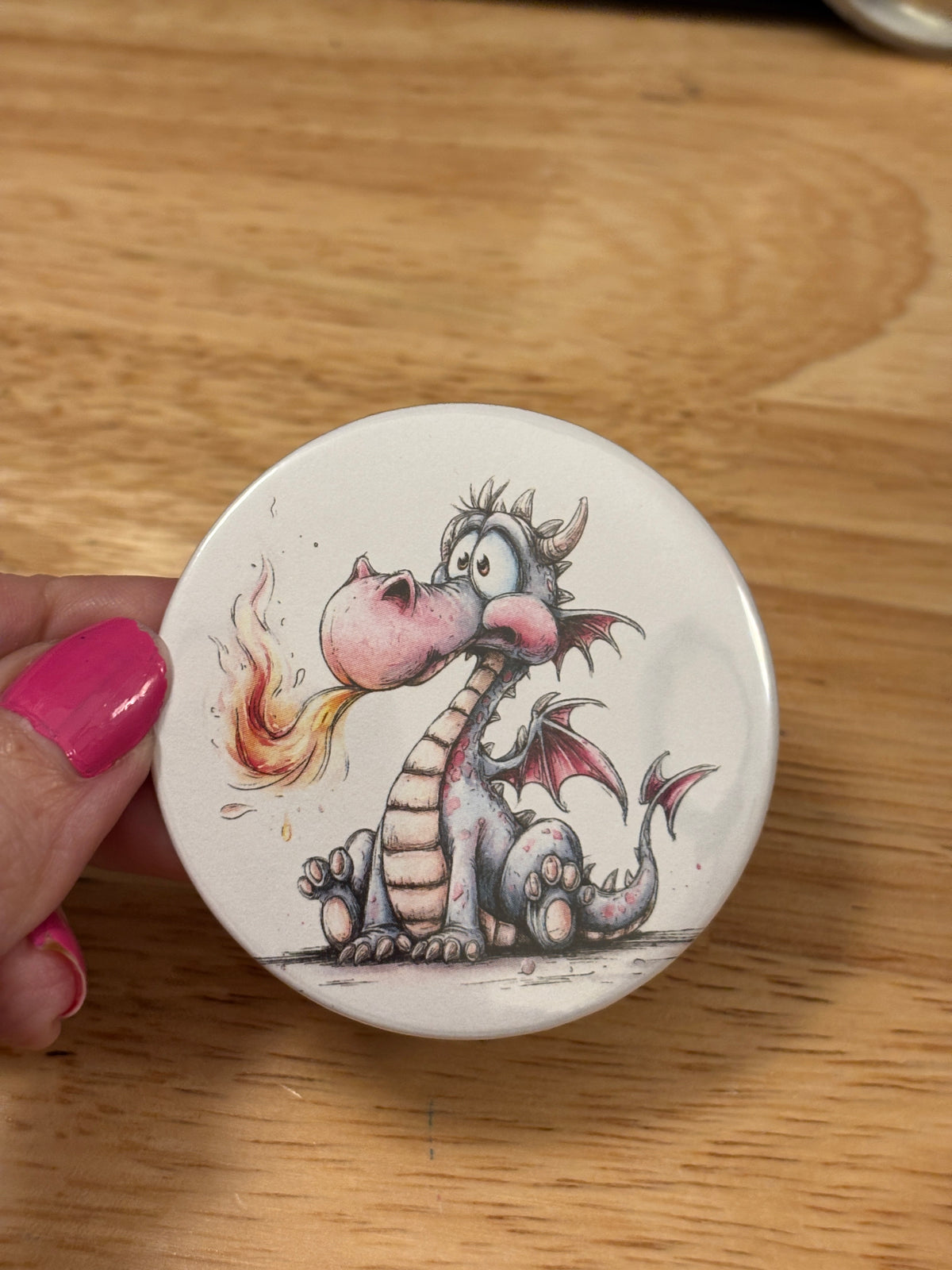 Fire breathing Dragon 2.25" Button Pins or 1.25" Button options, Back Pack Decoration, Dragon Pin button, Dragon with Fire Button Pin