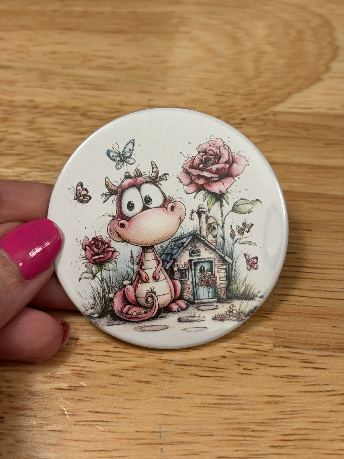 Dragon with Flowers 2.25" Button Pins or 1.25" Button options, Back Pack Decoration, Dragon Pin button, Flowers with Dragon Button Pin