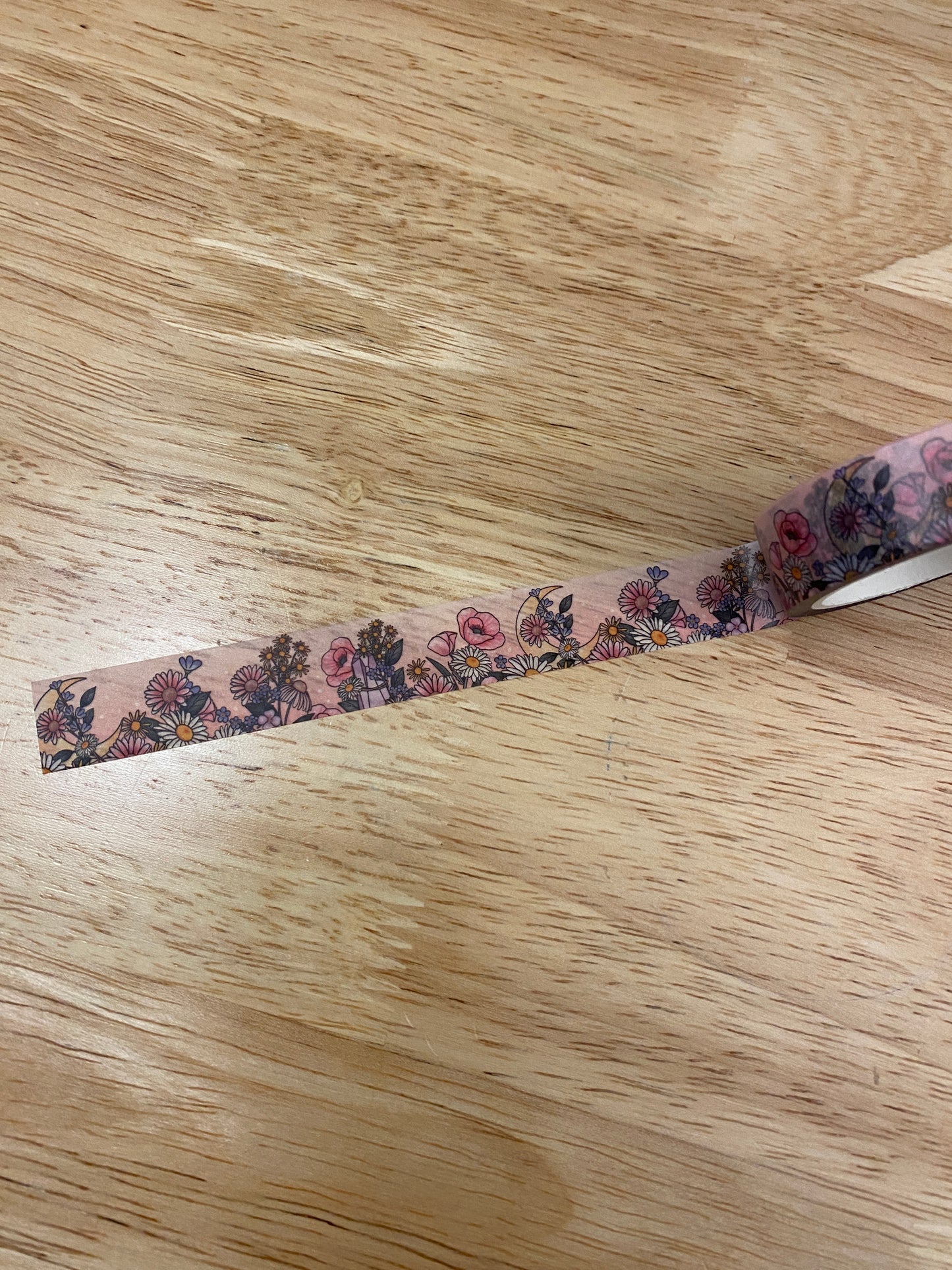Big Roll of Pink Floral with Moon Washi Tape, Flower Washi Tape roll, Adhesive Masking Tapes, Pretty Flower Washi tape, Moon Flowers tape